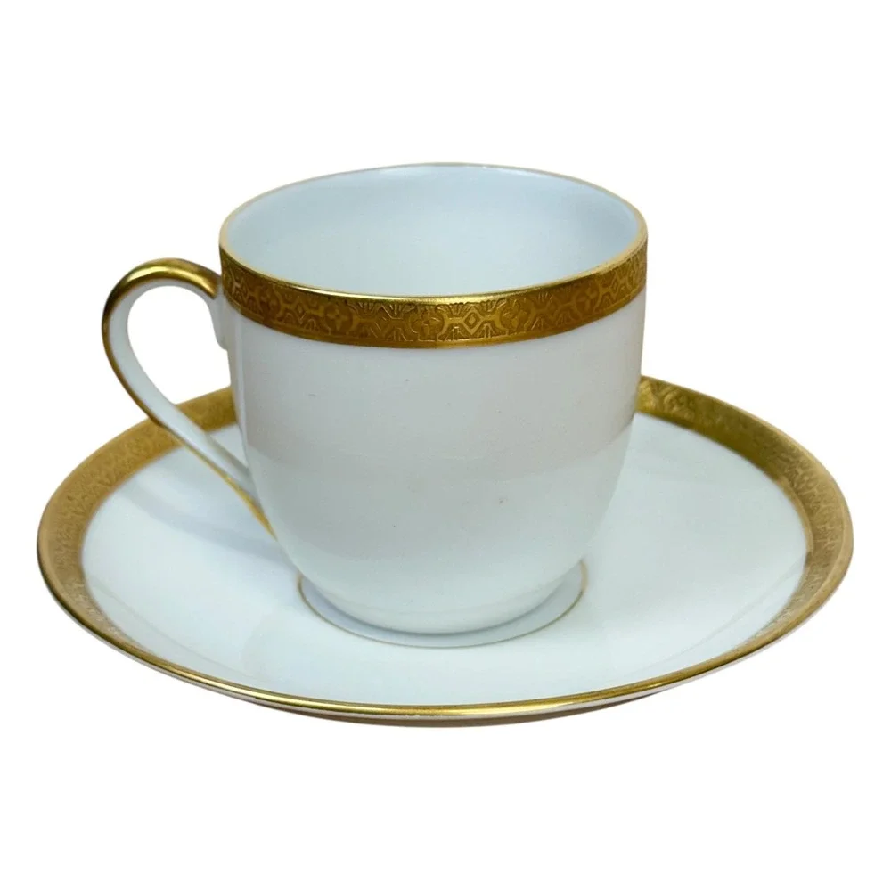 Vintage Victoria China‎ Czechoslovakia Cup Saucer Set White Gold Encrusted Trim